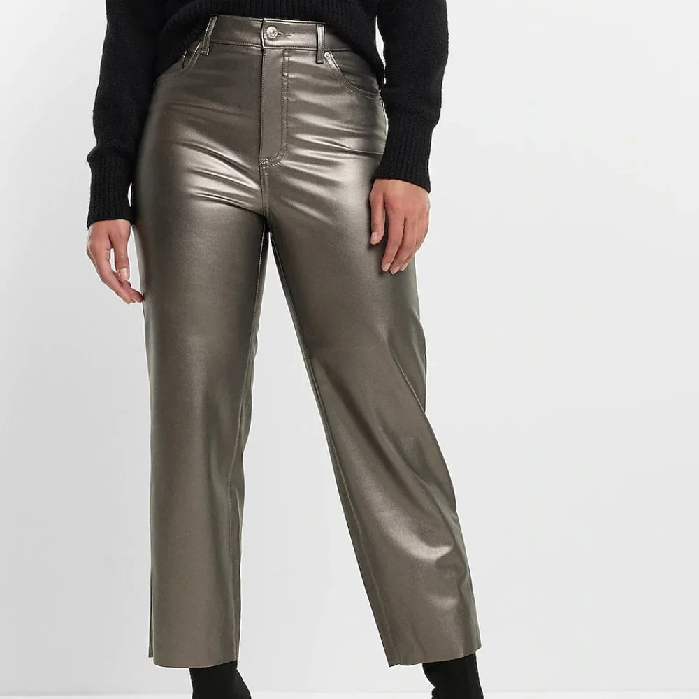 NWT Express Straight Super High Rise Metallic Crop Pants in  Gunmetal size 6 - Picture 3 of 9